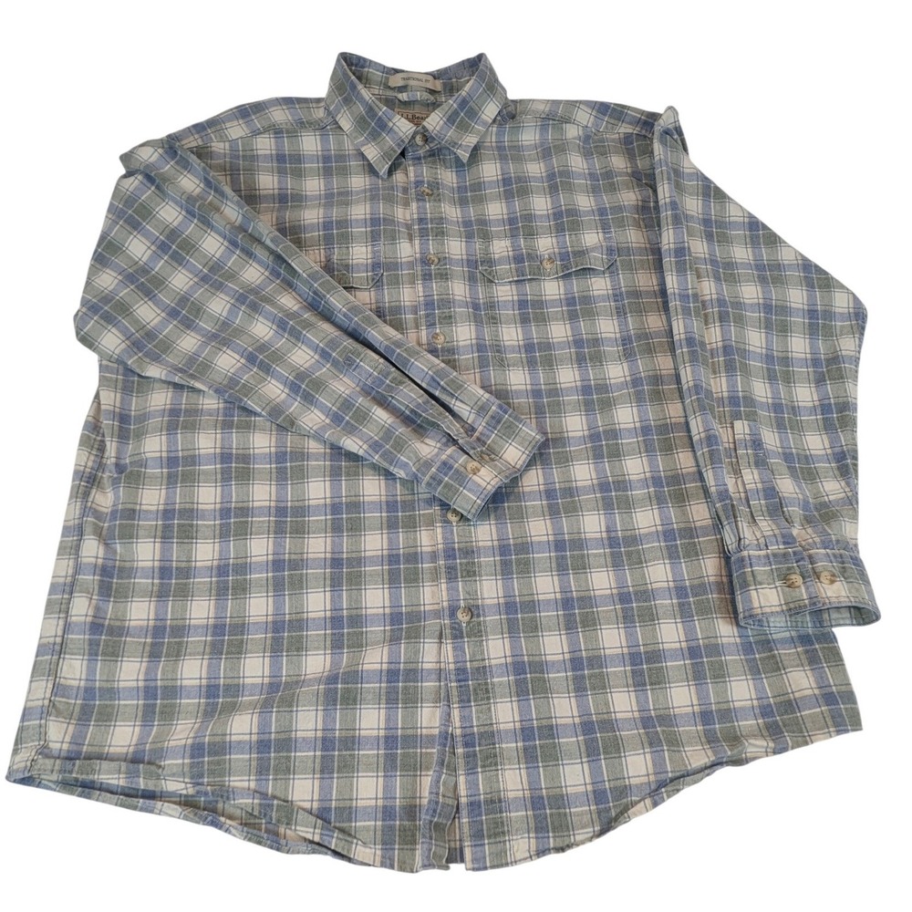 LL Bean Mens XL Brushed Scotch Traditional Plaid Button Down Shirt Blue Green